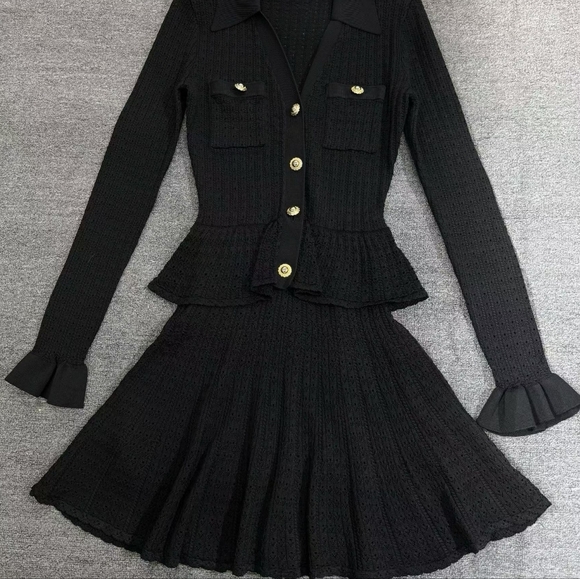 Self-portrait Black Pointelle V Neck Knit Mini Dress - Picture 8 of 9